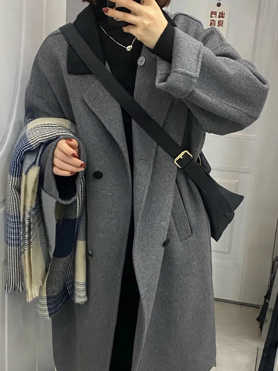 Autumn and Winter New Double-Sided Cashmere Coat Women′s Medium Long Gray Knee Length Wool Coat