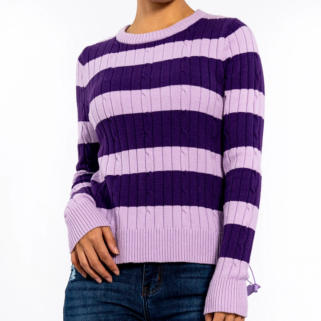 Winter Round Neck Stripe Color Blocking Twist Long Sleeve Striped Sweater Women Knitwear