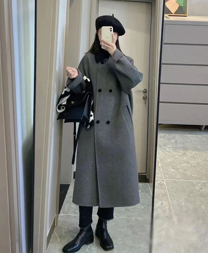 Autumn and Winter New Double-Sided Cashmere Coat Women′s Medium Long Gray Knee Length Wool Coat