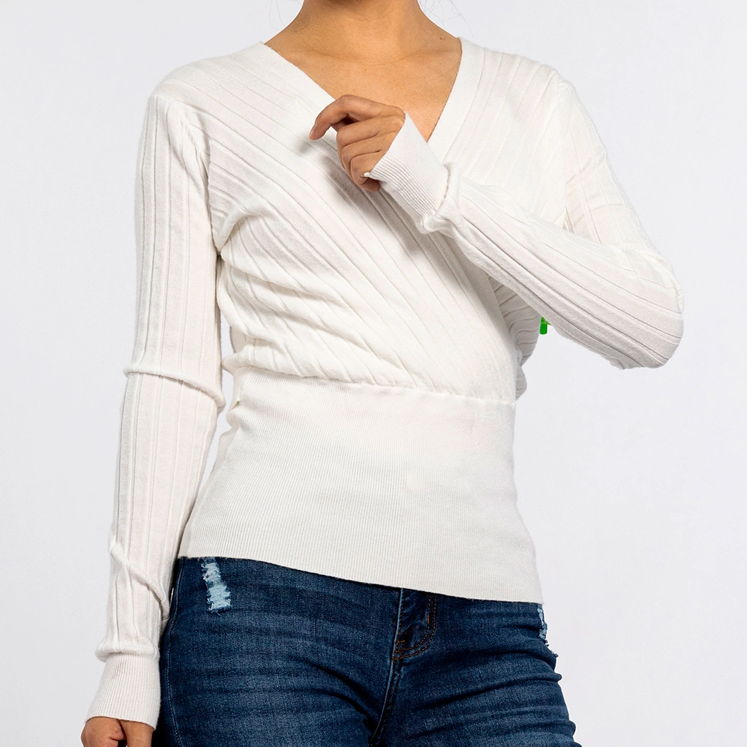 V-Neck Cross Pit Stripes Long Sleeve Pullover White Cropped Sweater Women Knitwear